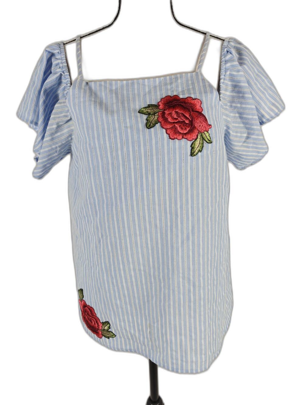 Women's Blue Rain Cold Shoulder Striped Embroidered Blouse Light Blue White